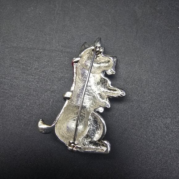 Scottish Terrier Dog Brooch Red Jacket Rhinestone Silver Tone - Picture 3 of 5